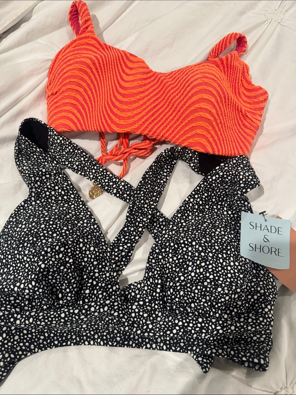 Shade & Shore Black White Dot Crisscross Bikini Top + Orange Textured Swim Top
